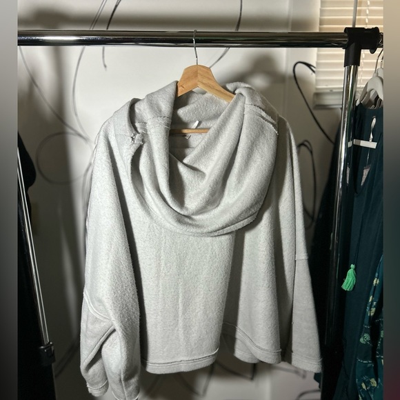 Free People Tops - Free People Light Gray Fleece Cowl Neck Oversized Sweatshirt Raw Hem Sz Small